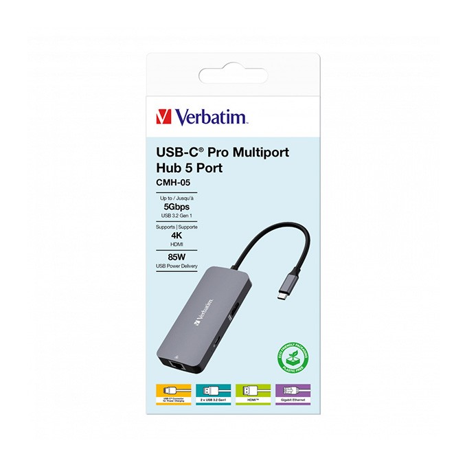 USB (3.2) hub 5-port, 32150, szara, długość przewodu 15cm, Verbatim, 1x USB C, 2x USB A, 1x HDMI