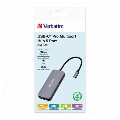 USB (3.2) hub 5-port, 32150, szara, długość przewodu 15cm, Verbatim, 1x USB C, 2x USB A, 1x HDMI USB (3.2) hub 5-port, 32150, szara, długość przewodu 15cm, Verbatim, 1x USB C, 2x USB A, 1x HDMI