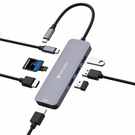 USB (3.2) hub 8-port, 32151, szara, długość przewodu 15cm, Verbatim, 1x USB C, 3x USB A, 2x HDMI, 1x SD 3.0 USB (3.2) hub 8-port, 32151, szara, długość przewodu 15cm, Verbatim, 1x USB C, 3x USB A, 2x HDMI, 1x SD 3.0