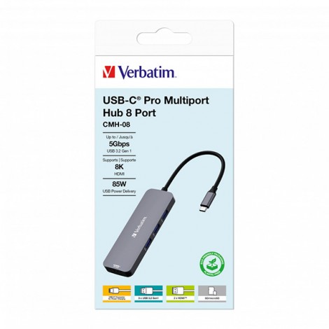 USB (3.2) hub 8-port, 32151, szara, długość przewodu 15cm, Verbatim, 1x USB C, 3x USB A, 2x HDMI, 1x SD 3.0 USB (3.2) hub 8-port, 32151, szara, długość przewodu 15cm, Verbatim, 1x USB C, 3x USB A, 2x HDMI, 1x SD 3.0