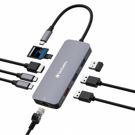 USB (3.2) hub 9-port, 32152, szary, długość przewodu 15cm, Verbatim, 2x USB C, 3x USB A, 1x HDMI, czytnik SD/micro SD USB (3.2) hub 9-port, 32152, szary, długość przewodu 15cm, Verbatim, 2x USB C, 3x USB A, 1x HDMI, czytnik SD/micro SD