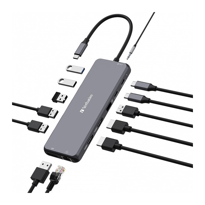 USB (3.2) hub 13-port, 32153, szary, długość przewodu 20 cm, Verbatim, 2x USB C, 6x USB A, 2x HDMI
