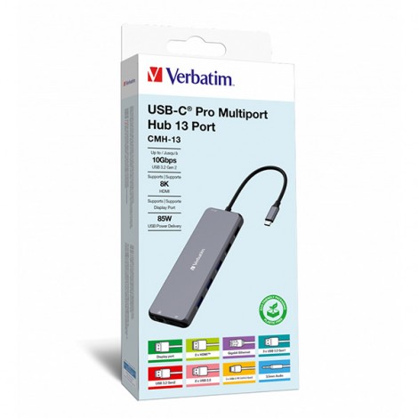 USB (3.2) hub 13-port, 32153, szary, długość przewodu 20 cm, Verbatim, 2x USB C, 6x USB A, 2x HDMI USB (3.2) hub 13-port, 32153, szary, długość przewodu 20 cm, Verbatim, 2x USB C, 6x USB A, 2x HDMI