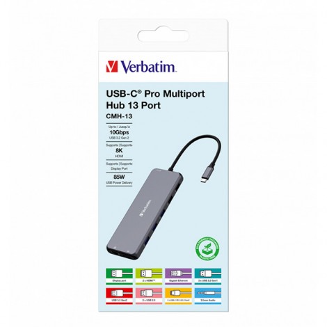 USB (3.2) hub 13-port, 32153, szary, długość przewodu 20 cm, Verbatim, 2x USB C, 6x USB A, 2x HDMI USB (3.2) hub 13-port, 32153, szary, długość przewodu 20 cm, Verbatim, 2x USB C, 6x USB A, 2x HDMI