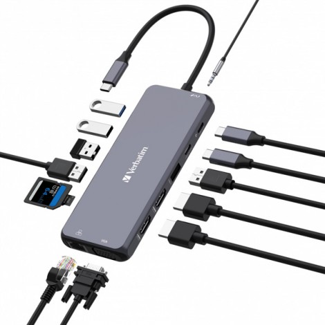 USB (3.2) hub 14-port, 32154, szary, długość przewodu 15cm, Verbatim, 2x USB C, 5x USB A, 2x HDMI, czytnik SD/micro USB (3.2) hub 14-port, 32154, szary, długość przewodu 15cm, Verbatim, 2x USB C, 5x USB A, 2x HDMI, czytnik SD/micro