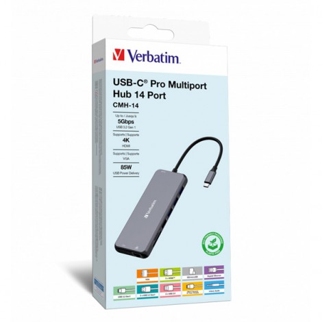 USB (3.2) hub 14-port, 32154, szary, długość przewodu 15cm, Verbatim, 2x USB C, 5x USB A, 2x HDMI, czytnik SD/micro USB (3.2) hub 14-port, 32154, szary, długość przewodu 15cm, Verbatim, 2x USB C, 5x USB A, 2x HDMI, czytnik SD/micro