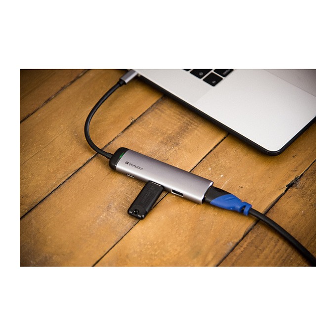 USB (3.1) hub 4-port, 49140, szara, długość przewodu 15cm, Verbatim, adapter USB C na 1x USB C, 1x USB A(3.0), 1x 