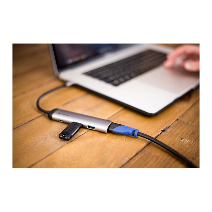 USB (3.1) hub 4-port, 49140, szara, długość przewodu 15cm, Verbatim, adapter USB C na 1x USB C, 1x USB A(3.0), 1x 