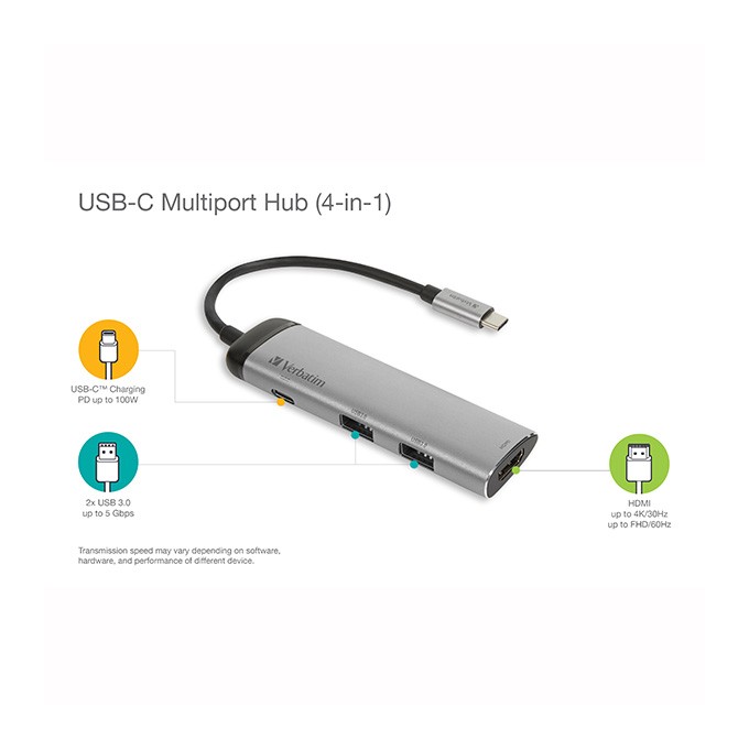 USB (3.1) hub 4-port, 49140, szara, długość przewodu 15cm, Verbatim, adapter USB C na 1x USB C, 1x USB A(3.0), 1x 