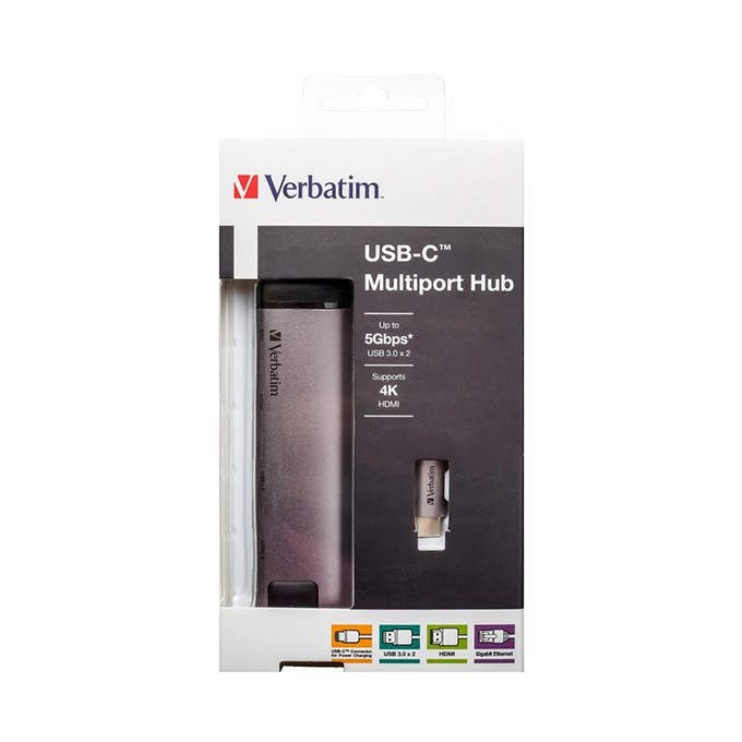 USB (3.1) hub 5-port, 49141, szara, długość przewodu 15cm, Verbatim, adapter USB C na USB C, 1x USB A, HDMI, ETHERNET