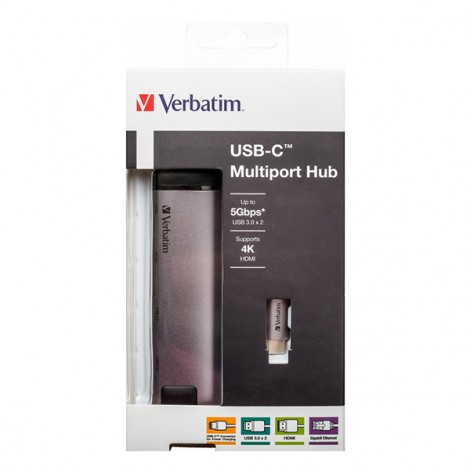 USB (3.1) hub 5-port, 49141, szara, długość przewodu 15cm, Verbatim, adapter USB C na USB C, 1x USB A, HDMI, ETHERNET USB (3.1) hub 5-port, 49141, szara, długość przewodu 15cm, Verbatim, adapter USB C na USB C, 1x USB A, HDMI, ETHERNET