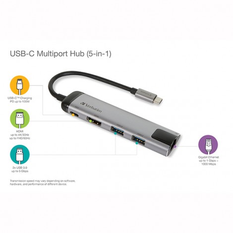 USB (3.1) hub 5-port, 49141, szara, długość przewodu 15cm, Verbatim, adapter USB C na USB C, 1x USB A, HDMI, ETHERNET USB (3.1) hub 5-port, 49141, szara, długość przewodu 15cm, Verbatim, adapter USB C na USB C, 1x USB A, HDMI, ETHERNET