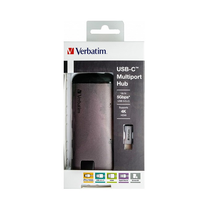 USB (3.1) hub 6-port, 49142, szara, długość przewodu 15cm, Verbatim, 1x USB C, USB A, HDMI