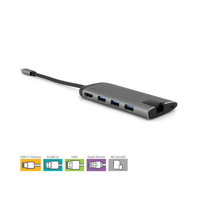 USB (3.1) hub 6-port, 49142, szara, długość przewodu 15cm, Verbatim, 1x USB C, USB A, HDMI