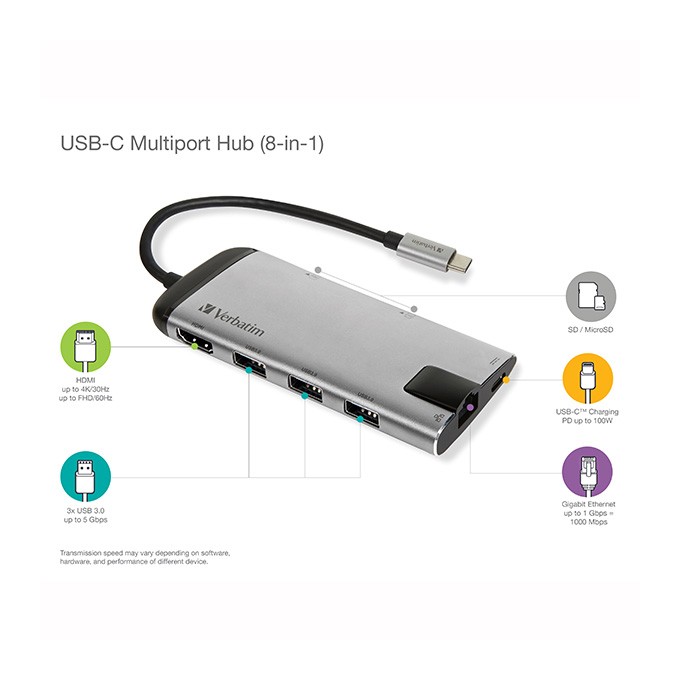 USB (3.1) hub 6-port, 49142, szara, długość przewodu 15cm, Verbatim, 1x USB C, USB A, HDMI