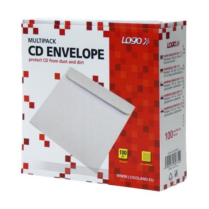 Koperta na 1 szt. CD, papier, biała, z lepiącą klapką, Logo, 100-pack