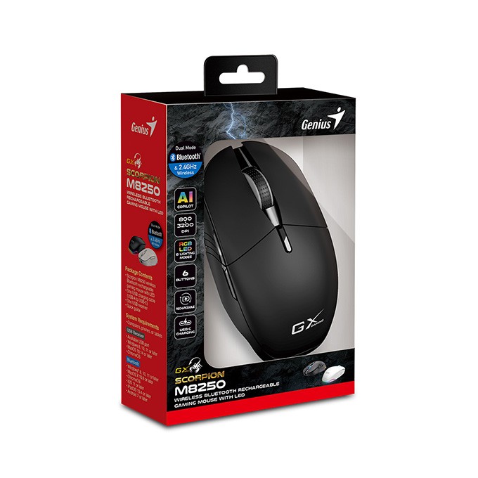 Mysz bezprzewodowa, Genius GX GAMING Scorpion M8250 AI, czarna, optyczna, 3200DPI