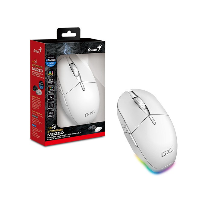 Mysz bezprzewodowa, Genius GX GAMING Scorpion M8250 AI, biała, optyczna, 3200DPI