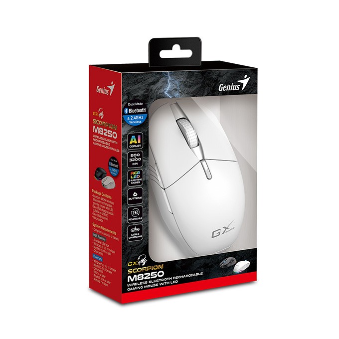 Mysz bezprzewodowa, Genius GX GAMING Scorpion M8250 AI, biała, optyczna, 3200DPI