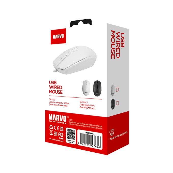 Mysz przewodowa, Marvo MS003, biała, optyczna, 1000DPI