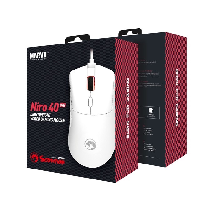 Mysz przewodowa, Marvo Niro 40 White, biała, optyczna, 12000DPI
