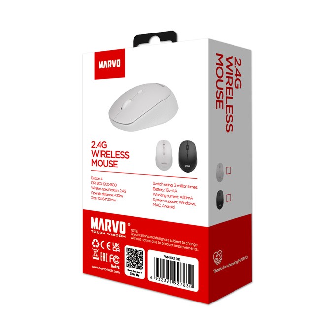Mysz bezprzewodowa, Marvo WM103BK, czarna, optyczna, 1600DPI, EOL
