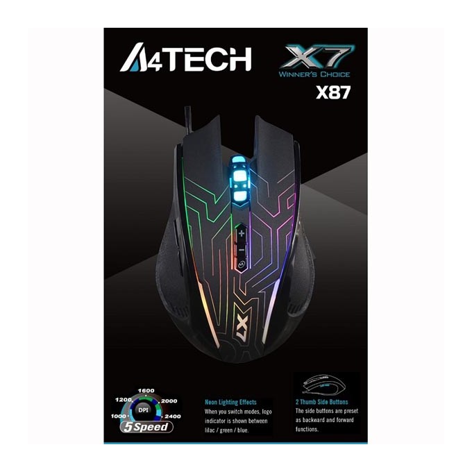 Mysz przewodowa, A4Tech X87 Oscar Neon, czarna, optyczna, 2400DPI