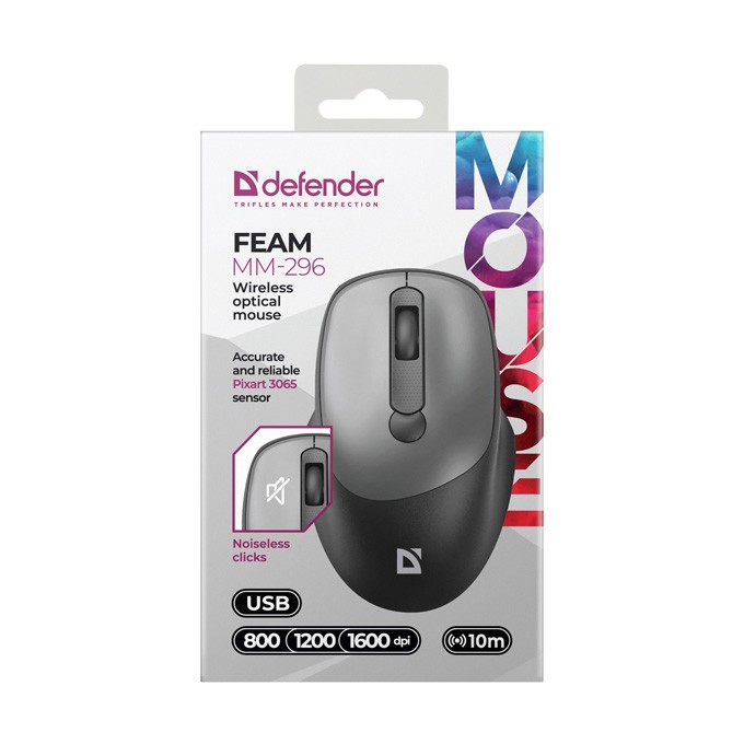 Mysz bezprzewodowa, Defender FEAM MM-296, czarno-szara, optyczna, 1600DPI
