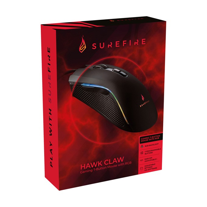 Mysz przewodowa, Surefire Hawk Claw Gaming, czarna, optyczna, 6400DPI