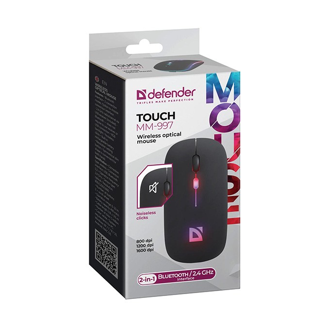 Mysz bezprzewodowa, Defender TOUCH MM-997, czarna, optyczna, 1600DPI