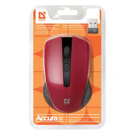 Mysz bezprzewodowa, Defender Accura MM-935, czerwona, optyczna, 1600DPI