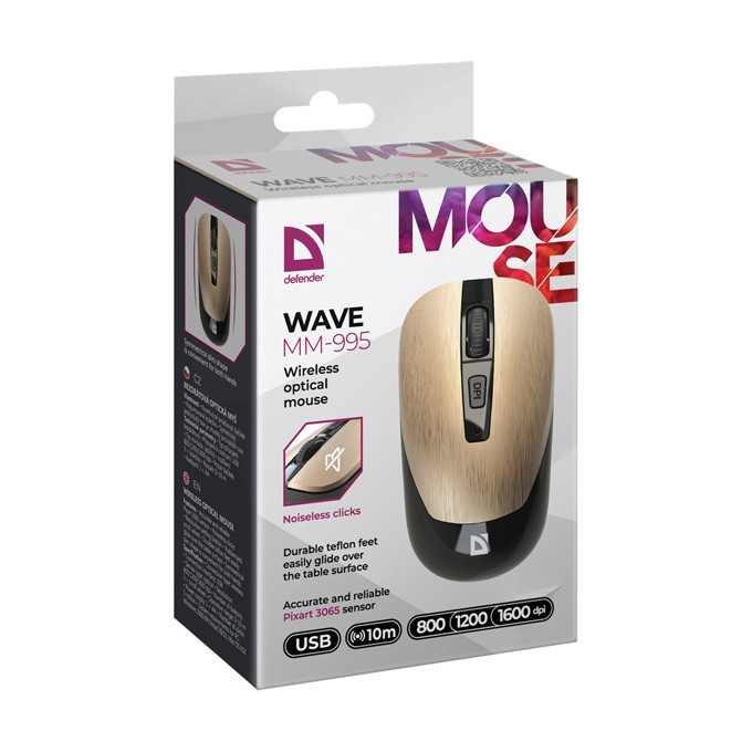 Mysz bezprzewodowa, Defender WAVE MM-995, złota, optyczna, 1600DPI