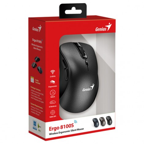Mysz bezprzewodowa, Genius Ergo 8100S, czarna, optyczna, 1600DPI
