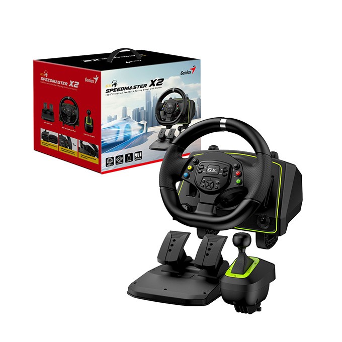Kierownica Genius GX Gaming SpeedMaster X2, kierownica z pedałami i dźwignią zmiany biegów, 13przycisk, USB, czarny