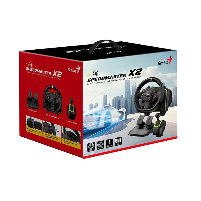 Kierownica Genius GX Gaming SpeedMaster X2, kierownica z pedałami i dźwignią zmiany biegów, 13przycisk, USB, czarny