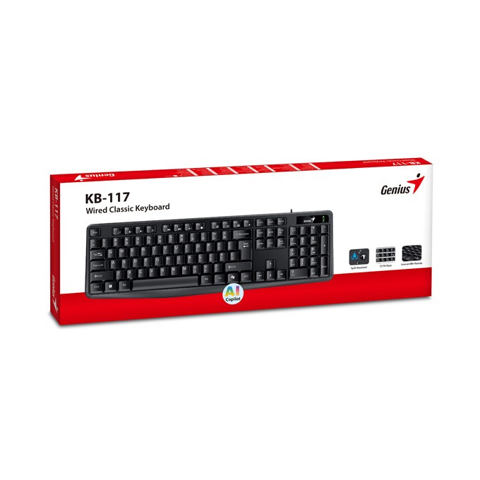 Genius KB-117 COPILOT, klawiatura CZ/SK, klasyczna, wodoodporny rodzaj przewodowa (USB), czarna, nie