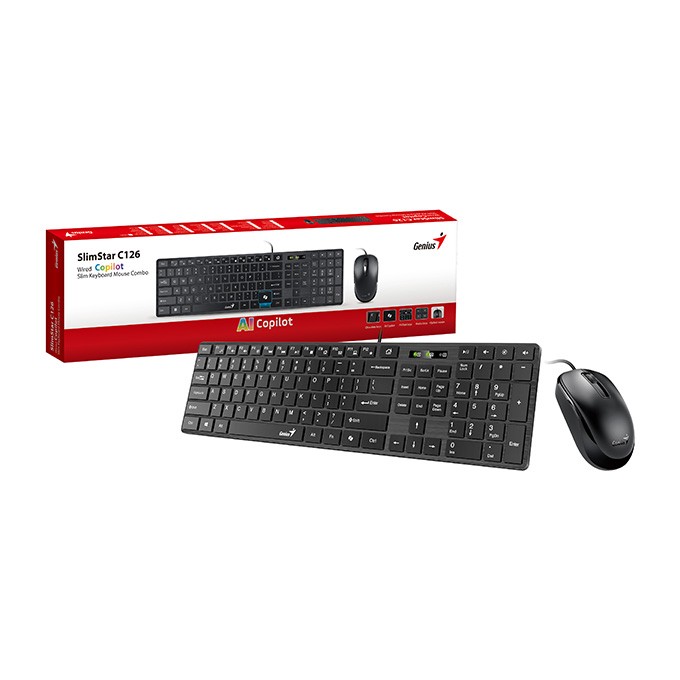 Genius SlimStar C126 COPILOT, zestaw klawiatura z optyczną myszką, CZ/SK, przewodowa (USB), czarna, niski profil