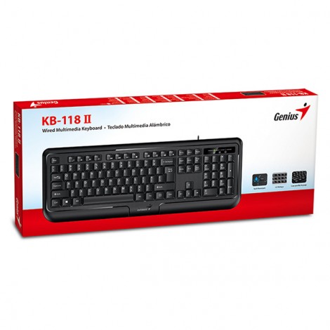 Genius KB-118 II, klawiatura CZ/SK, klasyczna, wodoodporny rodzaj przewodowa (PS/2), czarna