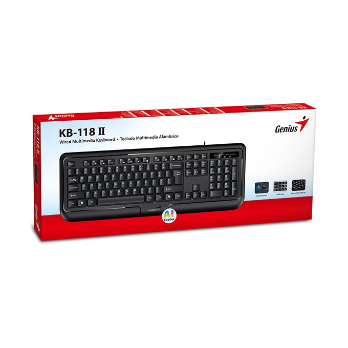 Genius KB-118 II COPILOT, klawiatura CZ/SK, klasyczna, wodoodporny rodzaj przewodowa (USB), czarna