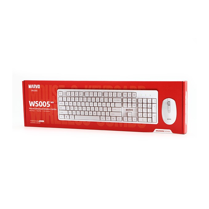Marvo WS005 WH, klawiatura z myszką bezprzewodową, US, biurowy, biała