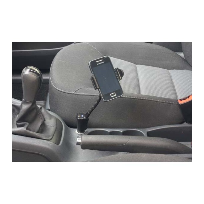 Uchwyt mobilu,PDA,GPS Logo przegłubowy, do samochodu, regulowana szerokość, czarny, plastikowy, z portem USB 1,5A, 