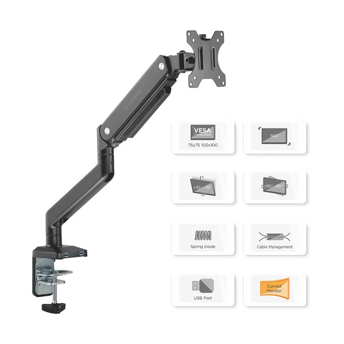 Regulowany uchwyt ULTRADESK BRANCH Single na monitor, 10KG, mocowanie na zacisk, 17"-32", 75x75/100x100, czarny
