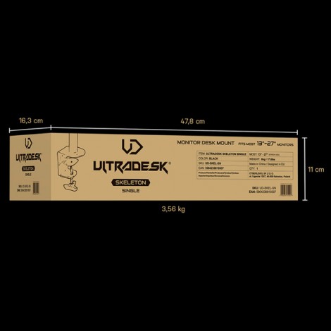 Regulowany uchwyt ULTRADESK SKELETON Single na monitor, 2-9KG, mocowanie na zacisk, 17"-30", 75x75/100x100, czarny Regulowany uchwyt ULTRADESK SKELETON Single na monitor, 2-9KG, mocowanie na zacisk, 17"-30", 75x75/100x100, czarny