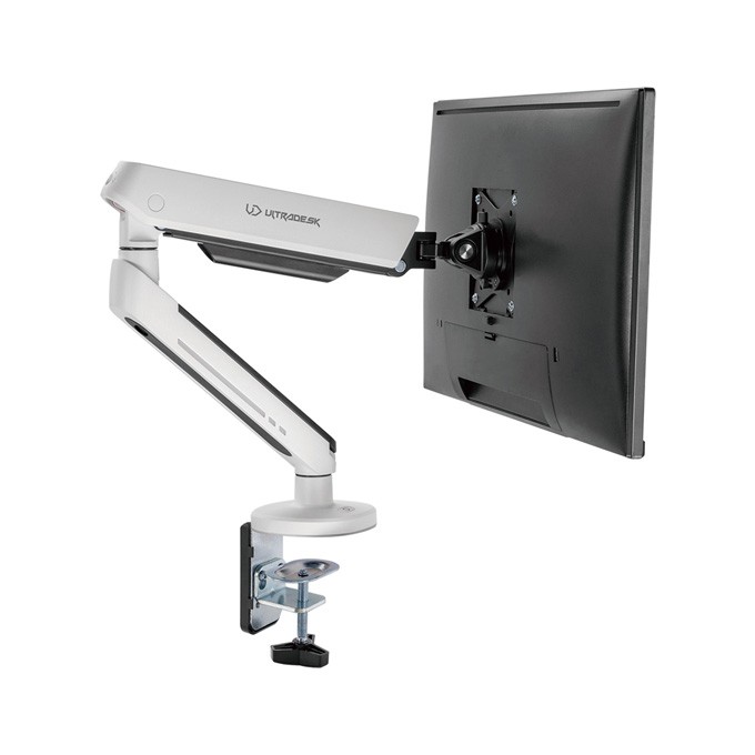 Regulowany uchwyt ULTRADESK OFFSHOOT Single na monitor, 9KG, mocowanie na zacisk, 17"-32", 75x75/100x100, biały
