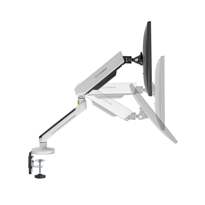 Regulowany uchwyt ULTRADESK OFFSHOOT Single na monitor, 9KG, mocowanie na zacisk, 17"-32", 75x75/100x100, biały