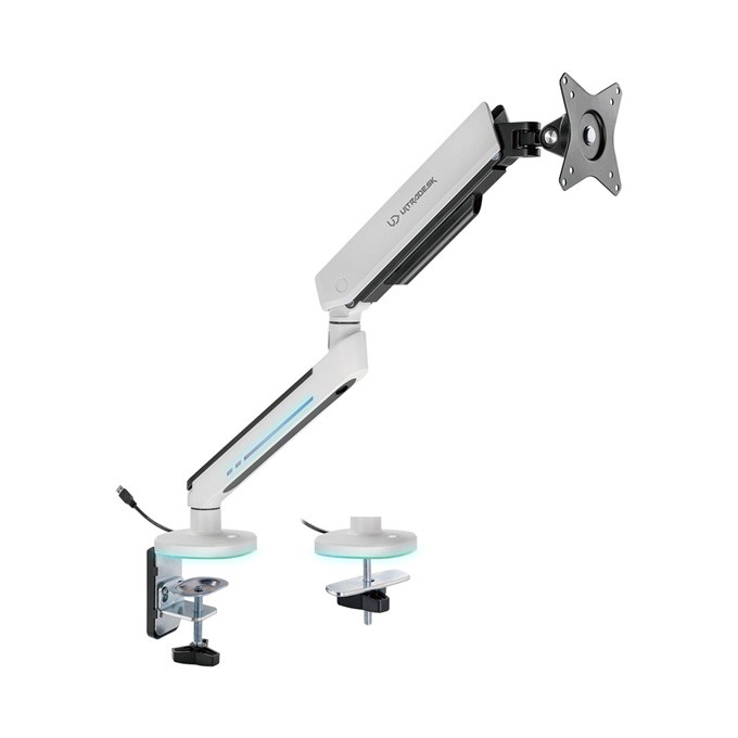 Regulowany uchwyt ULTRADESK OFFSHOOT Single na monitor, 9KG, mocowanie na zacisk, 17"-32", 75x75/100x100, biały