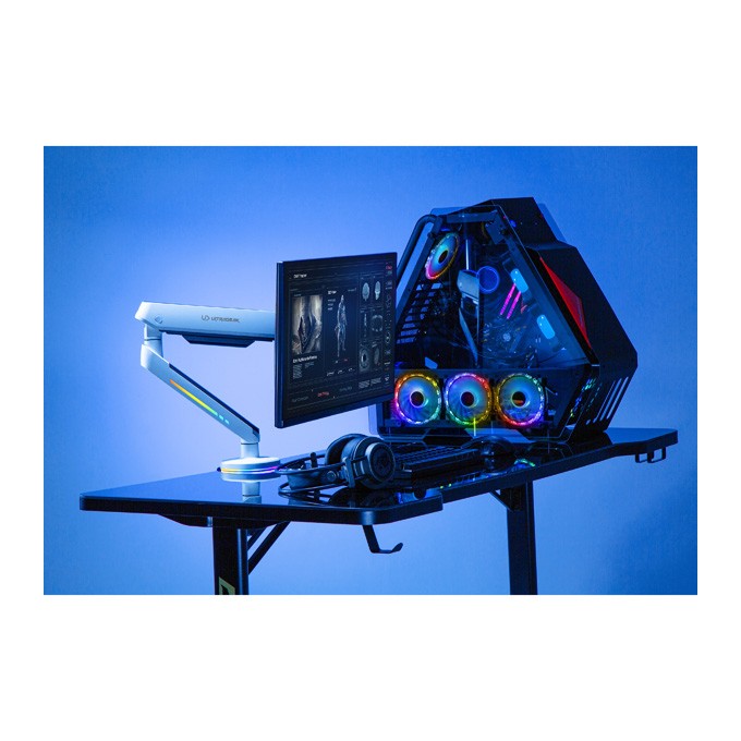 Regulowany uchwyt ULTRADESK OFFSHOOT Single na monitor, 9KG, mocowanie na zacisk, 17"-32", 75x75/100x100, biały