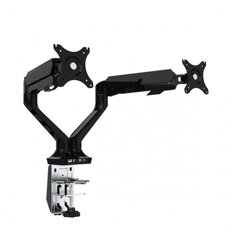 Regulowany uchwyt na 2 monitory, 2-9KG, mocowanie na zacisk, 17"-30", USB HUB + Jack, 75x75/100x100, szary Regulowany uchwyt na 2 monitory, 2-9KG, mocowanie na zacisk, 17"-30", USB HUB + Jack, 75x75/100x100, szary
