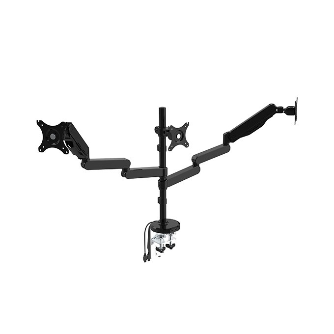 Regulowany uchwyt na 3 monitory, 2-9KG, mocowanie na zacisk, 17"-30", USB HUB, 75x75/100x100, szary
