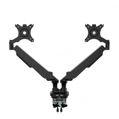 Regulowany uchwyt na 2 monitory, 2-9 Kg, mocowanie na zacisk, 17"-32", USB HUB, 75x75/100x100, czarny Regulowany uchwyt na 2 monitory, 2-9 Kg, mocowanie na zacisk, 17"-32", USB HUB, 75x75/100x100, czarny